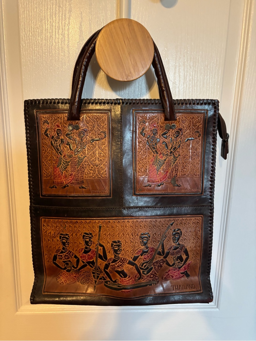 Brown Leather Thailand Tote Bag with Detailed Panels